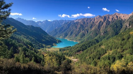 Fototapeta premium A breathtaking panoramic view of Jiuzhaigou Valley, showcasing its turquoise lakes and towering mountains under a clear blue sky.