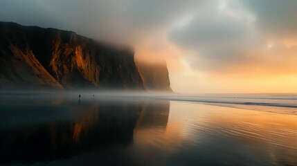 surfers walking along beach front cliff moody iceland calm deep lost lucid dream amber glow silence stunningly