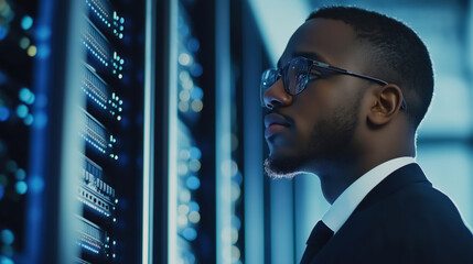 Male IT expert of African descent reviewing data privacy issues in a server room, emphasizing the business's commitment to technology and information security 