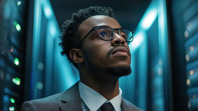 Male IT expert of African descent reviewing data privacy issues in a server room, emphasizing the business's commitment to technology and information security - Powered by Adobe