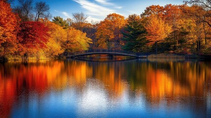 A calm lake reflecting the vibrant colors of autumn trees, with a bridge in the background. The sunlight glimmers on the water in this peaceful fall landscape.