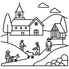 A small village and people working and animal line art vector