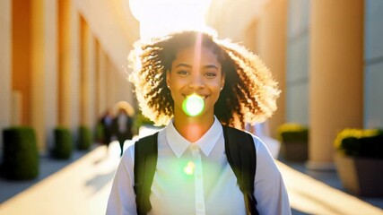 Attractive happy African American girl student goes to university