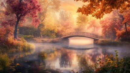 A misty autumn morning by a calm pond, with a bridge leading through the colorful forest. The scene is bathed in the soft light of sunrise.