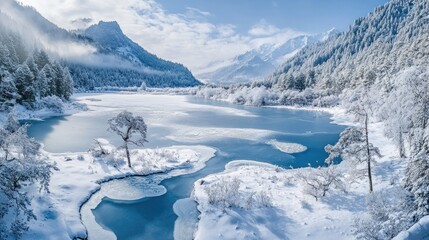 A panoramic view of Jiuzhaigou Valley in winter, with the valley blanketed in snow and frozen lakes creating a magical winter wonderland.