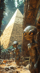 Aliens Overseeing the Construction of the Egyptian Pyramids in a Sci-Fi Landscape
