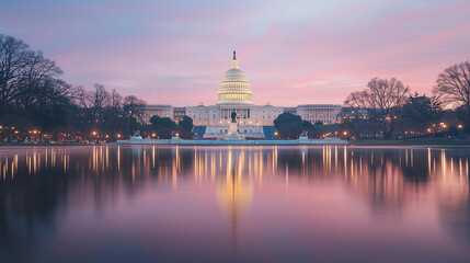 The U.S. Capitol building reflected in calm water, illuminated with red and blue hues. The image symbolizes the balance and contrast within the political landscape. Photo