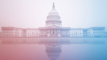 Fototapeta premium Reflection of the U.S. Capitol building in a serene water body, bathed in contrasting red and blue tones, representing the duality and balance in American politics. Photo