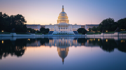 Obraz premium The U.S. Capitol building reflected in calm water, illuminated with red and blue hues. The image symbolizes the balance and contrast within the political landscape. Photo