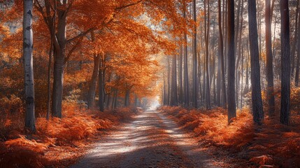 Fototapeta premium A scenic autumn forest path, lined with vibrant orange trees and a blanket of red-brown leaves. The warm sunlight creates a serene, inviting atmosphere.