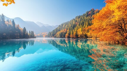 A serene lake at Jiuzhaigou National Park, with turquoise waters reflecting the vibrant autumn foliage and clear blue sky.