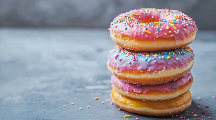 A stack of rainbow-colored doughnuts with various glazes and sprinkles, placed on a cool, matte concrete surface, with one doughnut slightly askew