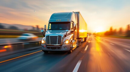 Truck Driving on Open Highway at Sunset With Golden Sky