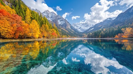Obraz premium A tranquil lake at Jiuzhaigou National Park, with crystal-clear waters mirroring the vibrant autumn foliage and snowy peaks.