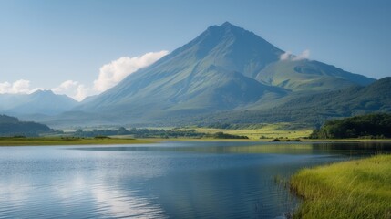 Majestic Mountain Reflected in Calm Lake Under Clear Blue Sky