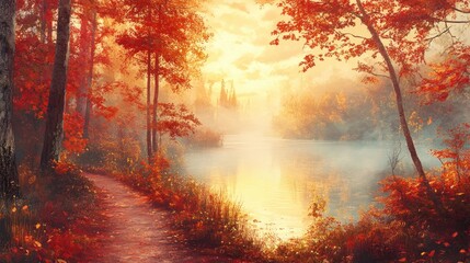 A tranquil pathway through a forest of red and gold trees, leading to a misty lake. The scene captures the serene beauty of autumn at sunrise.