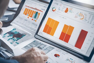analyzing market performance data on a digital dashboard, focusing on benchmarking and competitive analytics for strategic decision-making