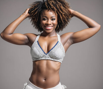 A woman with a white bra and a gold hoop earring is smiling