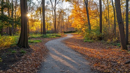 Obraz premium A winding autumn forest path lined with orange trees and scattered red-brown maple leaves. The soft sunlight filters through the foliage in this serene fall city park.