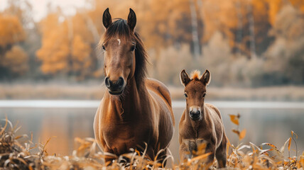 A mare and her foal stand in a field with autumn foliage in the background. The mare and the foal with a chestnut coat.