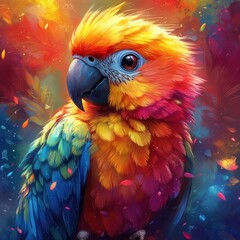 Colorful parrot with a gentle gaze in a splashy scene