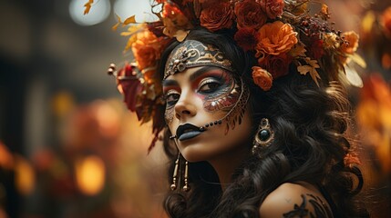  A woman with dark hair and a flower crown is wearing intricate face paint and jewelry. Her dark eyes stare intensely at the camera. The background is blurred and the colors are warm and inviting.