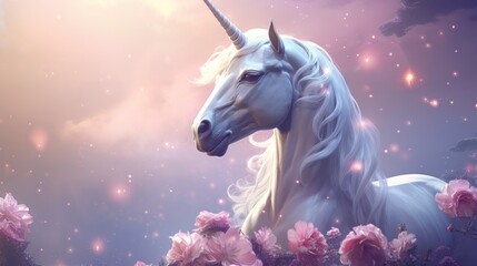 Naklejka premium A white unicorn with a long, flowing mane stands in a field of pink roses against a soft, purple and pink background. The unicorn is illuminated by a soft, warm light.