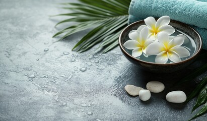 Banner for an online spa service featuring white frangipani flowers in water, towels and leaves alongside it. The background is a dark blue with gold bokeh creating a tranquil and aroma atmosphere