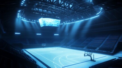 Futuristic sports arena with holographic displays and AI analytics