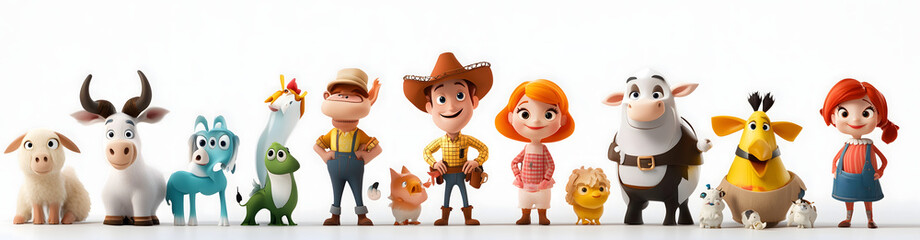 3D cartoon happy farm animals farmer characters sheet white background Farm and Characters Concept
