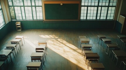 Aerial view of a spacious, empty classroom with rows of desks and chairs, a large chalkboard, and a bright, clean environment.