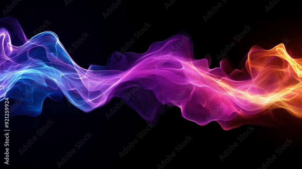 Wall mural colorful light waves in motion on black background, radiant colors - blue, purple, orange