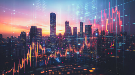 Fototapeta premium Smart digital city with connection network that is at the cutting edge of innovation in technology and business with bright, modern skyscrapers. Backgrounds for technology and charts and graphs