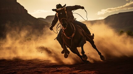  A cowboy is riding a brown horse through a desert at sunset, the horse's hooves kicking up dust, and the cowboy holding the reins in one hand and a rope in the other.