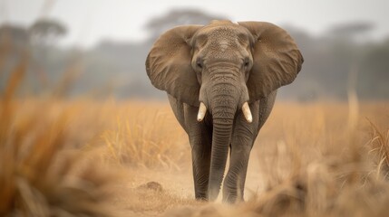 Naklejka premium Elephant Walking on Dusty Trail in African Savannah During Daylight