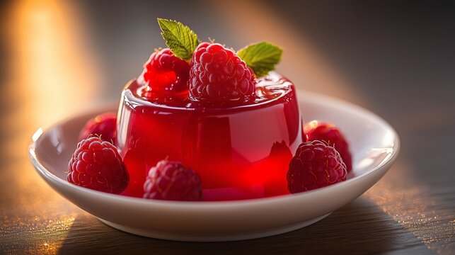 Red raspberry gelatin dessert garnished with fresh mint leaves on white plate