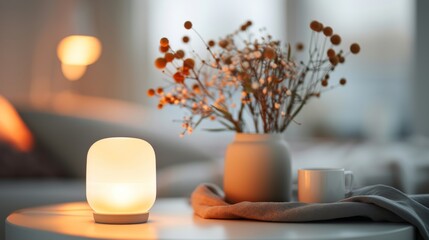 Decorative Table Arrangement With Warm Lighting and Floral Accent During Evening