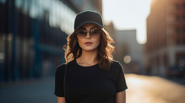  A young woman with long, wavy brown hair walks down a city street in the afternoon sun. She is wearing a simple black t-shirt, a black baseball cap, and sunglasses. The background is blurred.