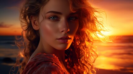  A woman with long, curly red hair, wearing a loose-fitting garment, stands on a beach. Her eyes are focused on the horizon, as the sun sets in the distance. The woman's hair is flowing in the breeze, - Powered by Adobe