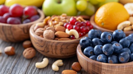 Fresh Fruits and Nuts Displayed in Wooden Bowls on Rustic Table