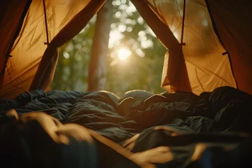 Gordijnen Peaceful morning view from inside a tent as the sun rises © Alina