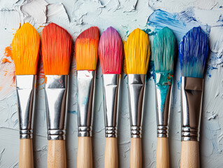 Fototapeta premium Creative flat lay composition with paint brushes on light grey background