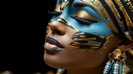  A close-up of a woman's face, painted with a blue and gold design, wearing a gold headpiece and earrings. The background is black.