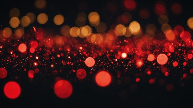 Glowing red and gold bokeh lights on dark black background