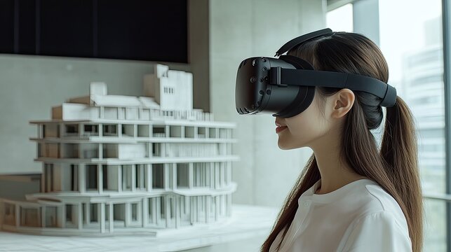 Asian female engineer in VR headset exploring a 3D architectural model of a precast concrete building, showcasing BIM and virtual reality technology. - Powered by Adobe