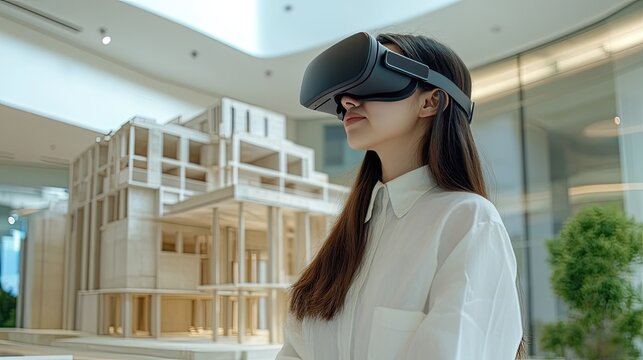 Asian female engineer in VR headset exploring a 3D architectural model of a precast concrete building, showcasing BIM and virtual reality technology.