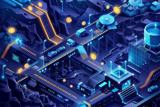 Illuminated Futuristic City Night View, Illustrate the concept of mining cryptocurrency through powerful computer algorithms and computational power