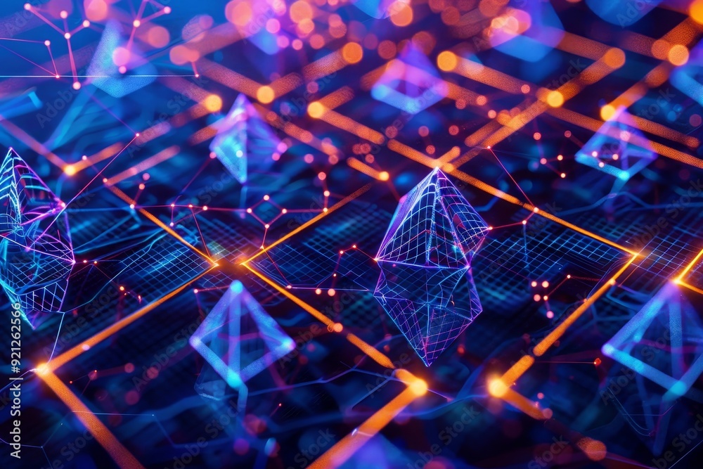 Poster Dark background filled with numerous triangles and lines creating a complex geometric pattern, Illustrate the concept of tokenization in blockchain ecosystems