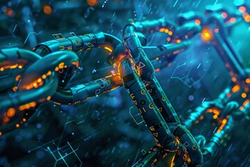 A close-up view of a chain adorned with glowing lights, creating a mesmerizing visual effect, Illustrate the concept of tokenization in blockchain ecosystems