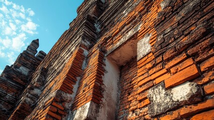 Low-angle perspective shot of Thapae Gateaes red brick wall, showcasing the texture and enduring strength of this historic site.